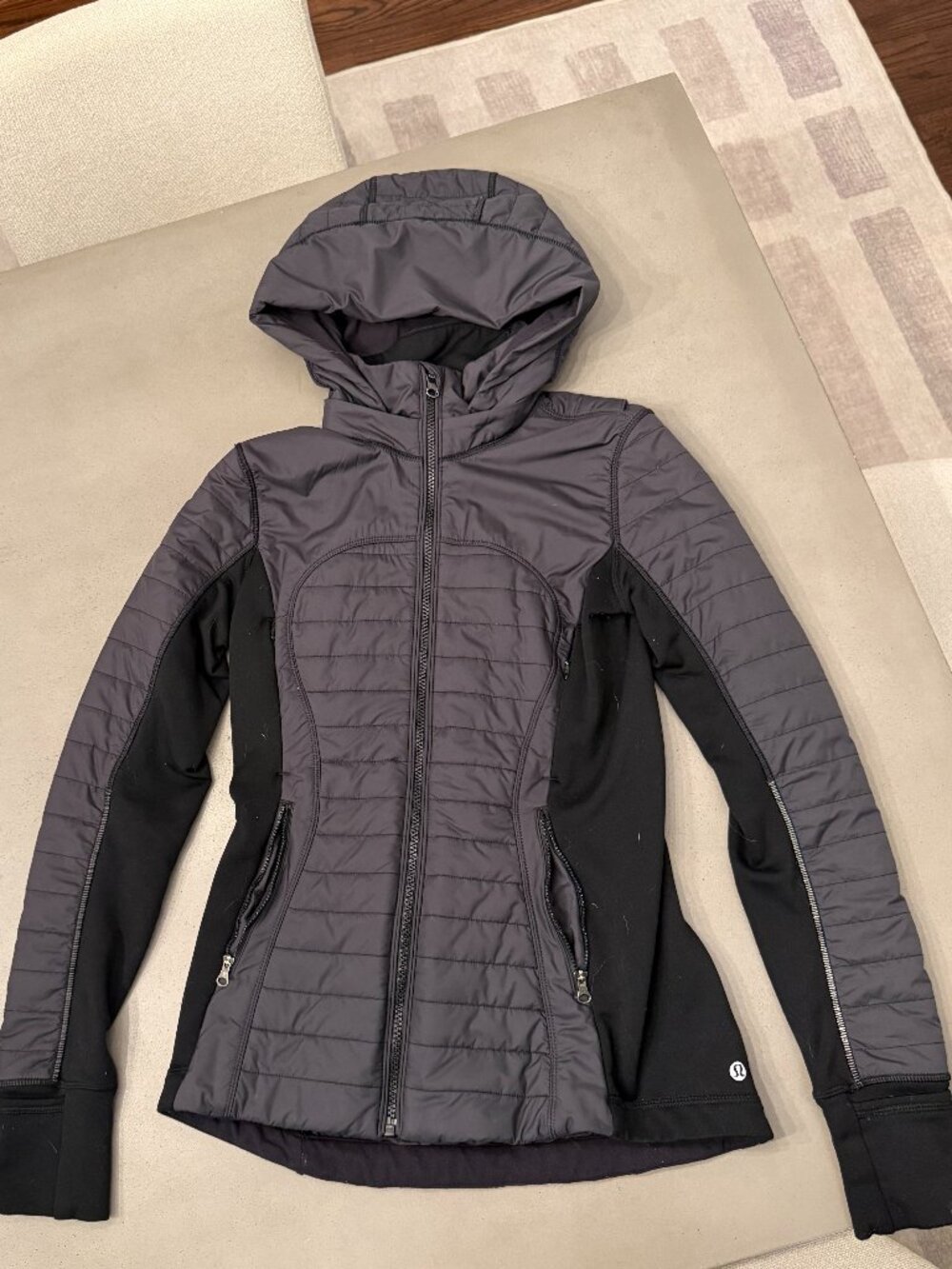 Lululemon Black Gray Quilted Hooded Full Zip Jacket, Size 2